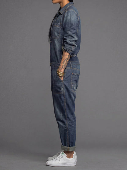 Denim Jumpsuit Lightweight Cotton Utility Pockets Button Front