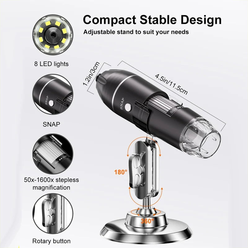 Digital Microscope 1600x Magnification USB-Powered Live Display