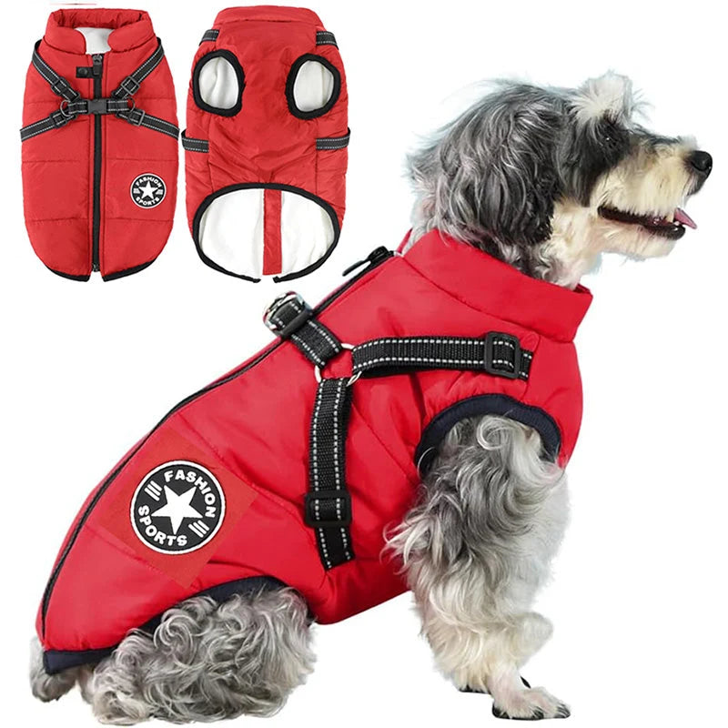 Dog Winter Coat Waterproof Windproof Built-In Harness Fleece-Lined