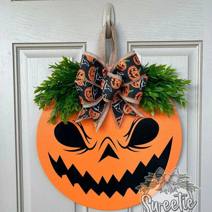 Door Hanger Wooden Pumpkin Face Ribbon Hanger