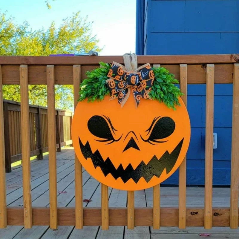 Door Hanger Wooden Pumpkin Face Ribbon Hanger