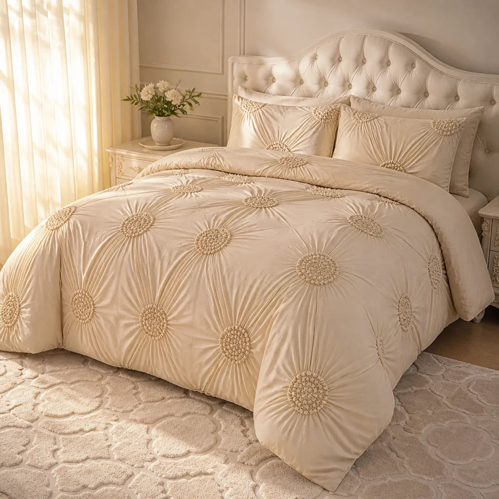 Duvet Cover Set Hand-Pleated Rosette Brushed Polyester Hidden Ties