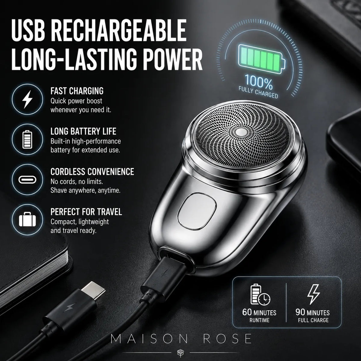 Electric Shaver Compact Waterproof Wet & Dry USB Rechargeable