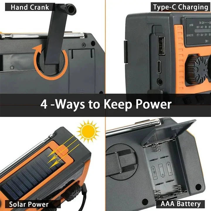 Emergency Radio Solar & Hand Crank Powered USB Phone Charging