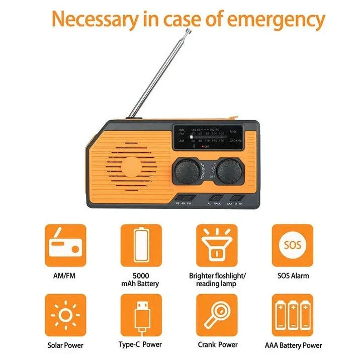 Emergency Radio Solar & Hand Crank Powered USB Phone Charging