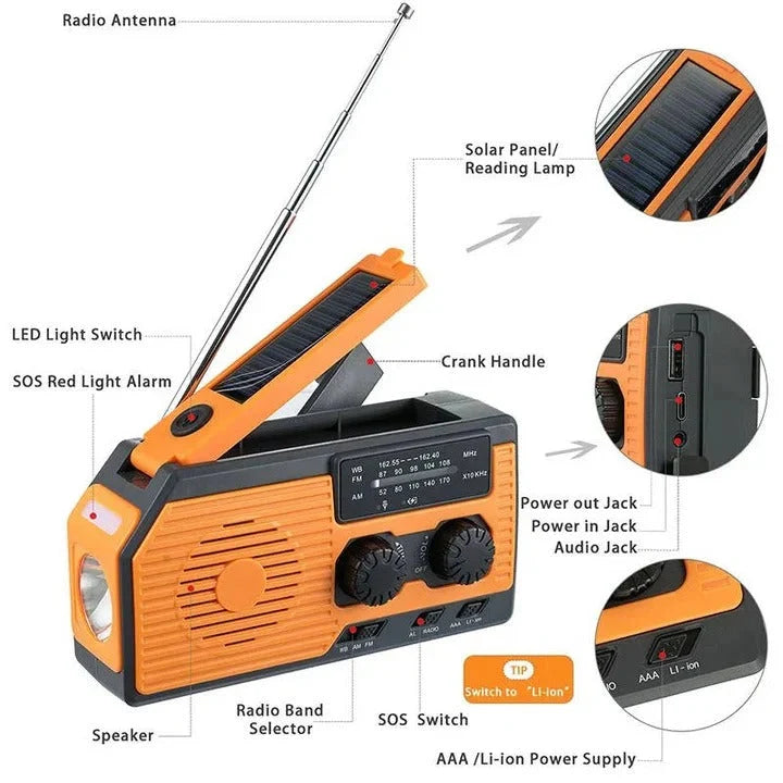 Emergency Radio Solar & Hand Crank Powered USB Phone Charging