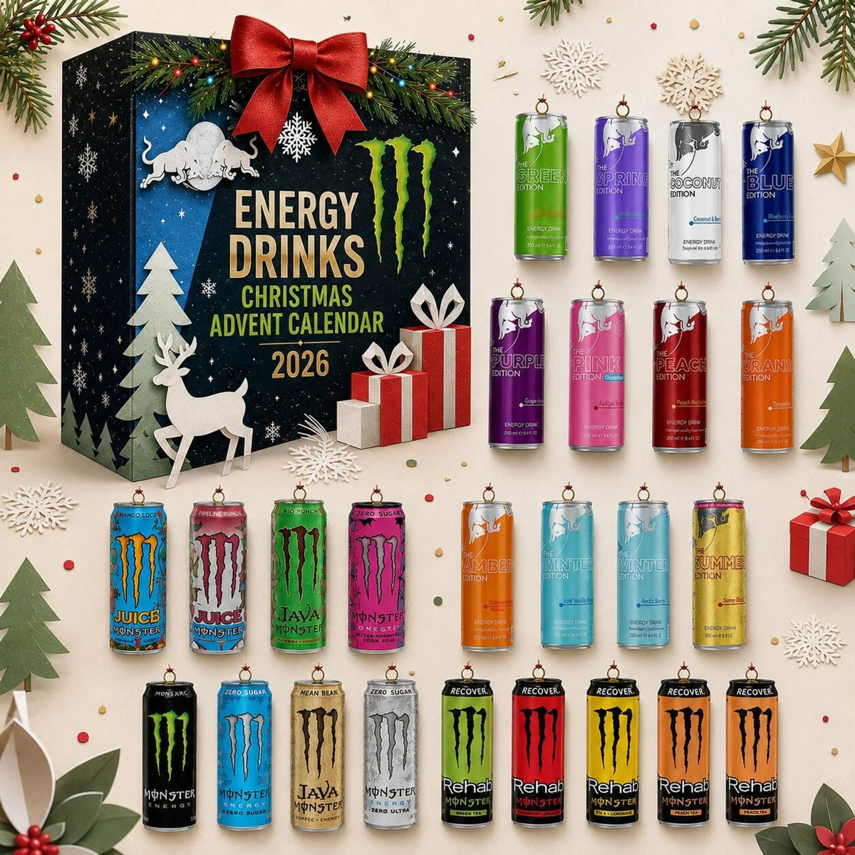 Energy Drink Advent Calendar 24-Day Countdown 24 Unique Designs