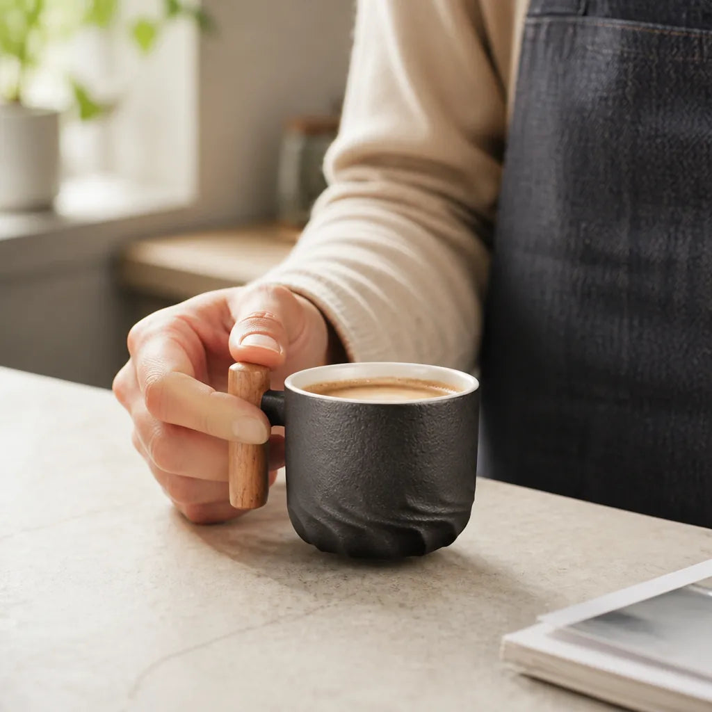 Espresso Cups Handcrafted Ceramic Wooden Handle