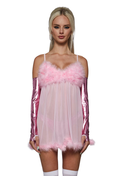 Fembot Costume Set Sheer Feather-Trim Nightie 3-Piece Set