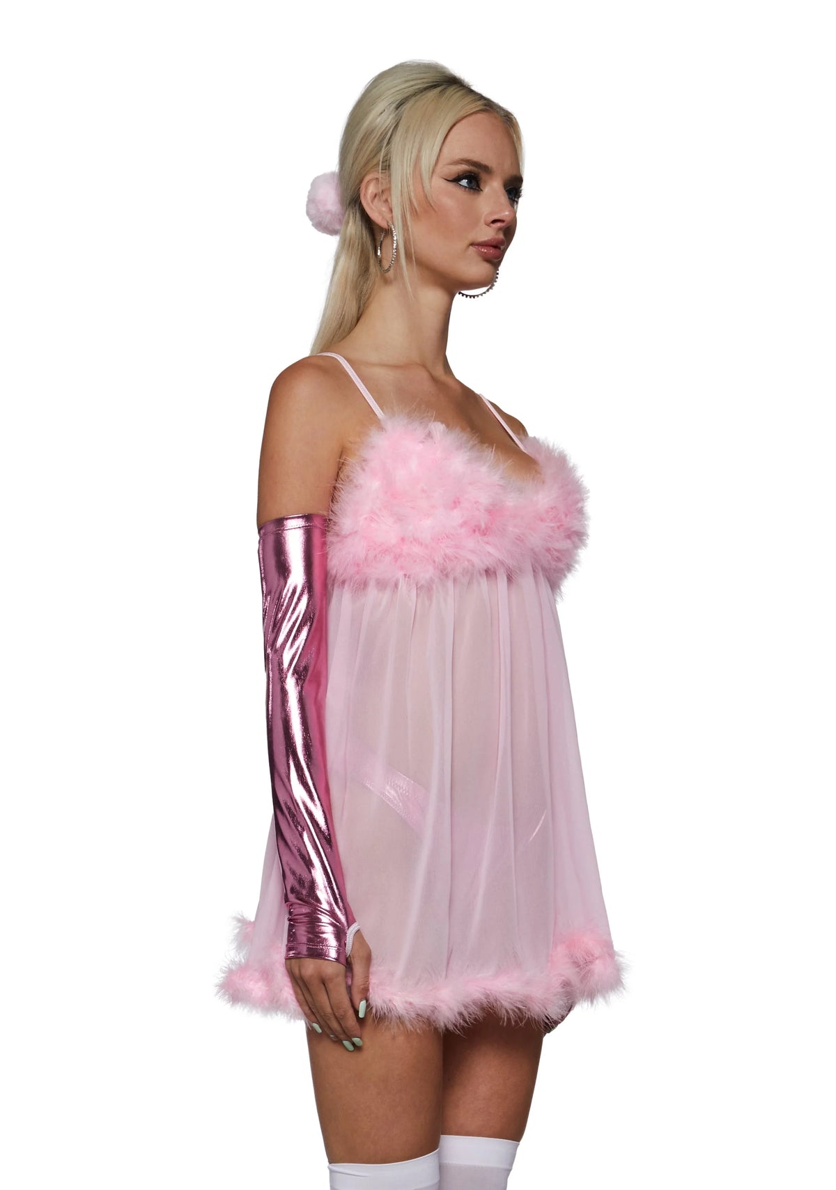 Fembot Costume Set Sheer Feather-Trim Nightie 3-Piece Set