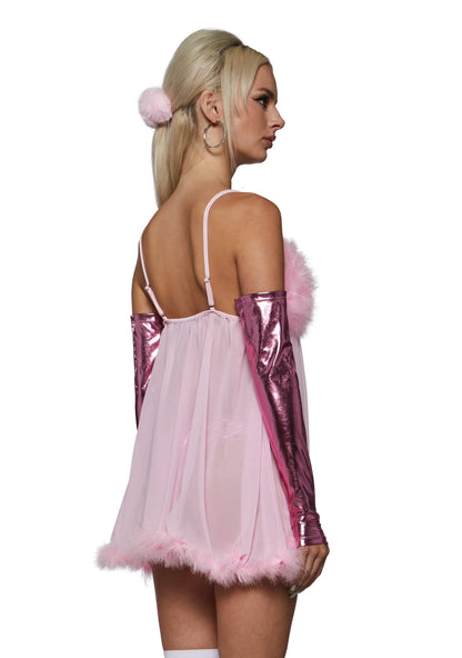 Fembot Costume Set Sheer Feather-Trim Nightie 3-Piece Set