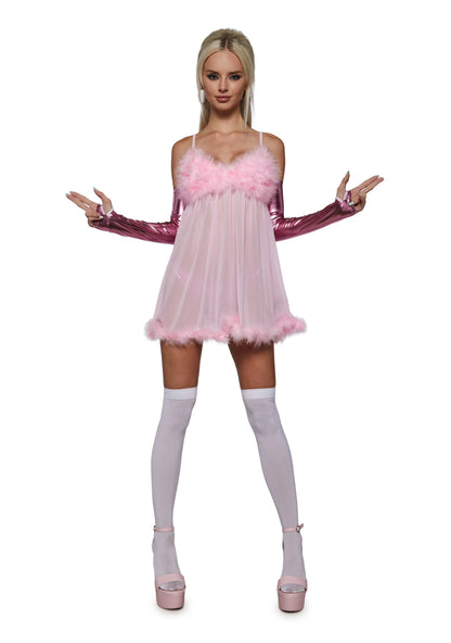 Fembot Costume Set Sheer Feather-Trim Nightie 3-Piece Set