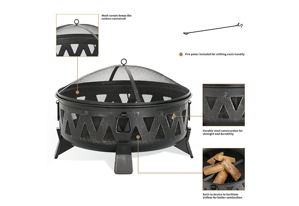 Fire Pit Wood-Burning 30-Inch Steel Spark Screen & Poker