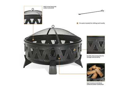 Fire Pit Wood-Burning 30-Inch Steel Spark Screen & Poker