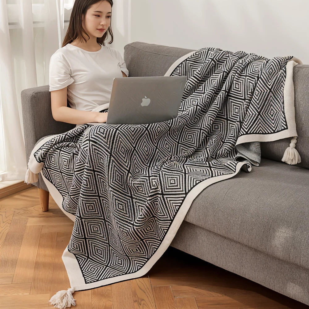 Fleece Blanket Black And White Geometric Lightweight Polyester