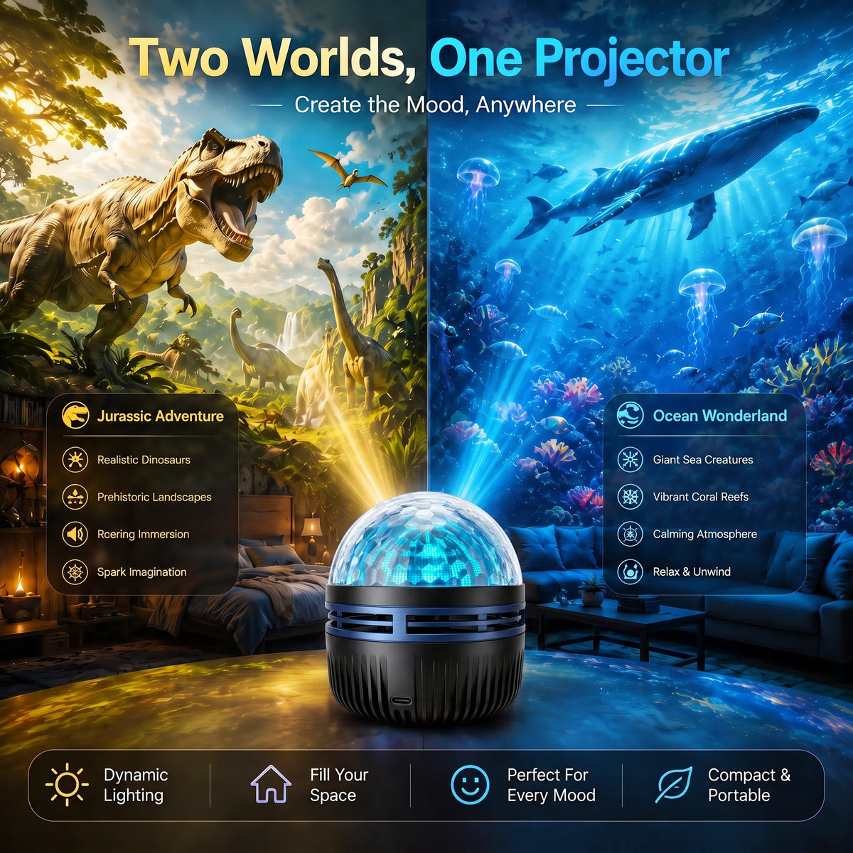 Galaxy Projector Night Light Dynamic Starry & Ocean Effects 360° Gooseneck USB Powered