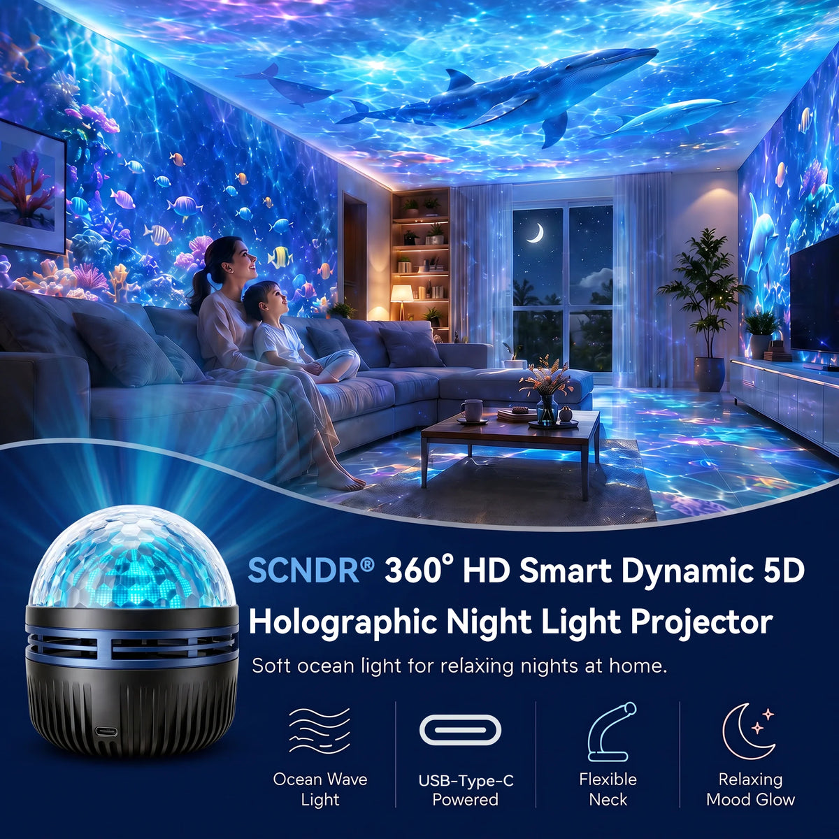 Galaxy Projector Night Light Dynamic Starry & Ocean Effects 360° Gooseneck USB Powered