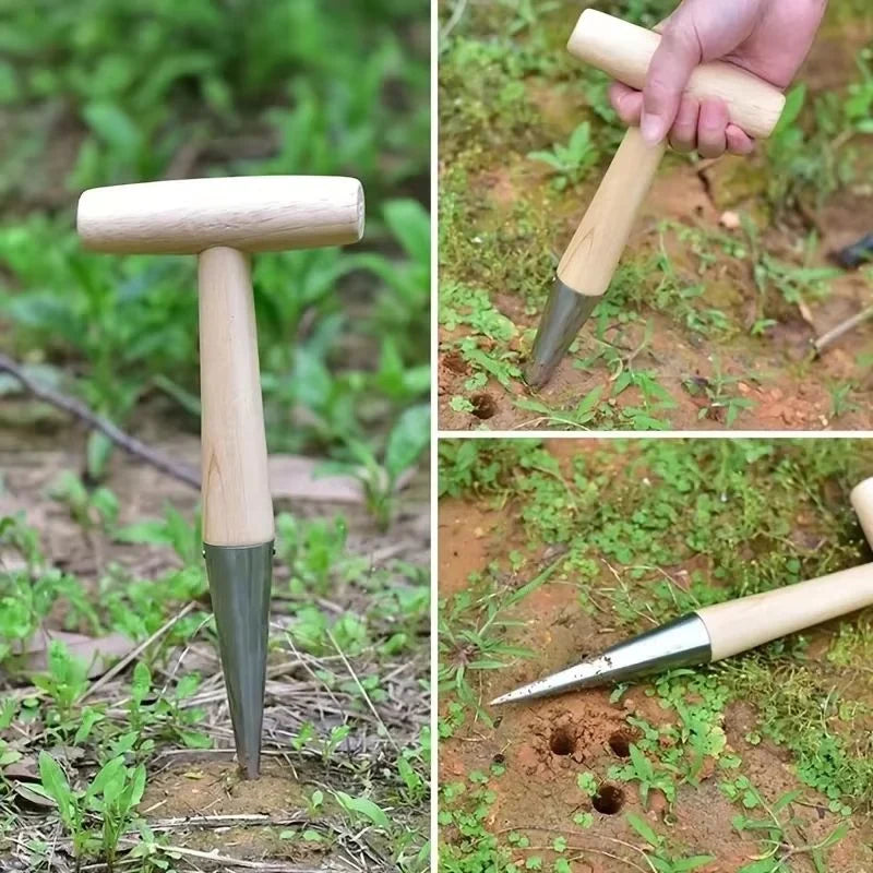 Garden Dibber Stainless Steel Tip Wood Handle Rust-Resistant