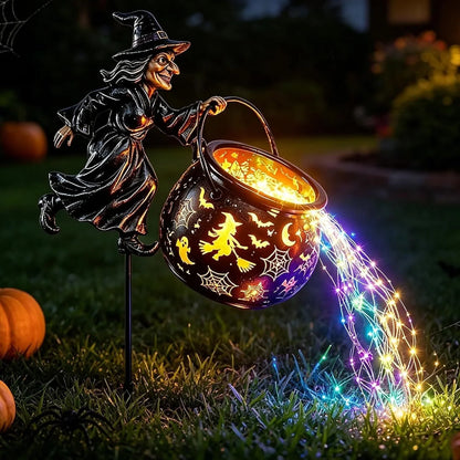 Garden Witch Figure LED-Lit Cauldron Weather-Resistant Free-Standing