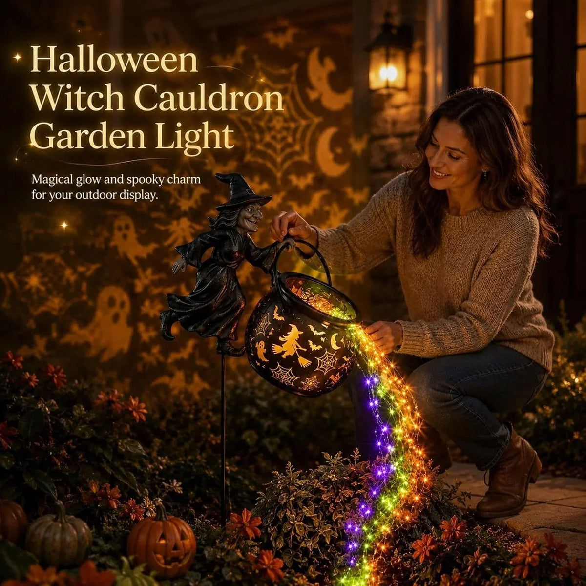 Garden Witch Figure LED-Lit Cauldron Weather-Resistant Free-Standing