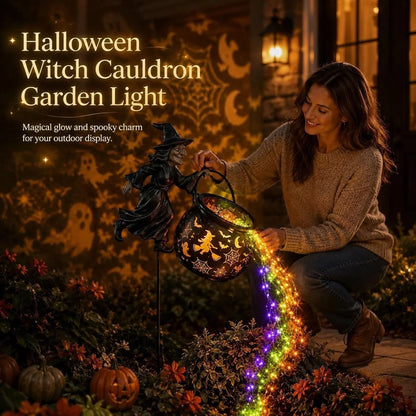 Garden Witch Figure LED-Lit Cauldron Weather-Resistant Free-Standing