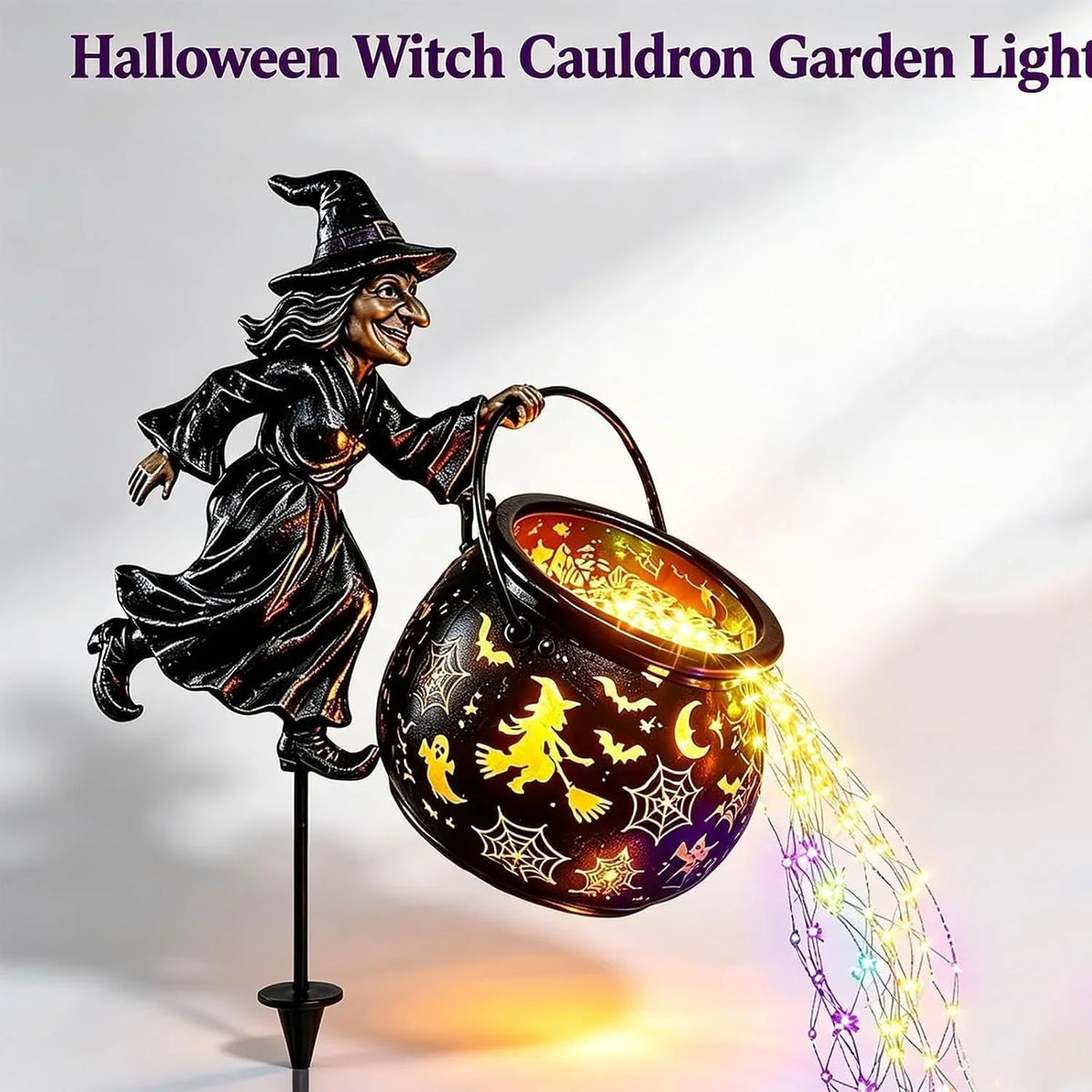 Garden Witch Figure LED-Lit Cauldron Weather-Resistant Free-Standing