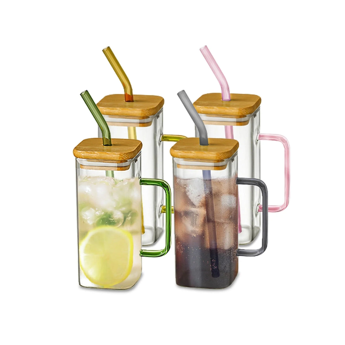 Glass Mug Square Design With Straw 13.5 Fl Oz