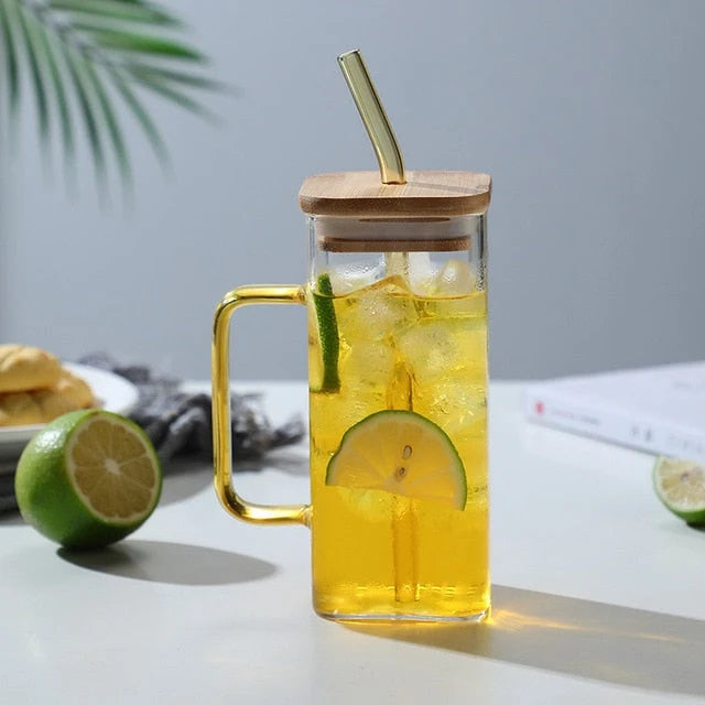 Glass Mug Square Design With Straw 13.5 Fl Oz
