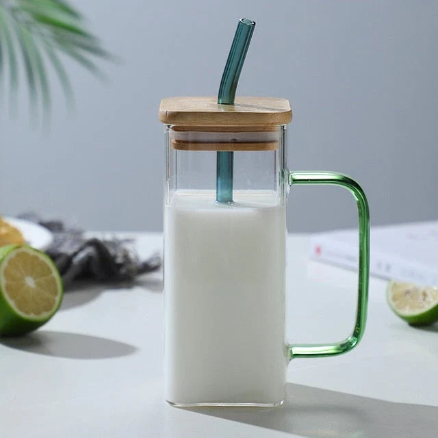 Glass Mug Square Design With Straw 13.5 Fl Oz