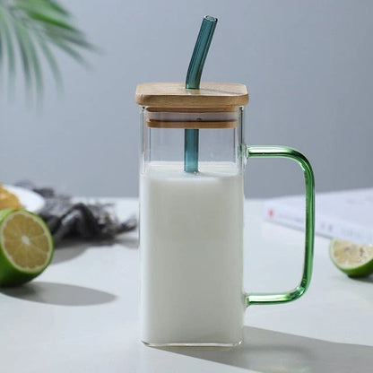Glass Mug Square Design With Straw 13.5 Fl Oz