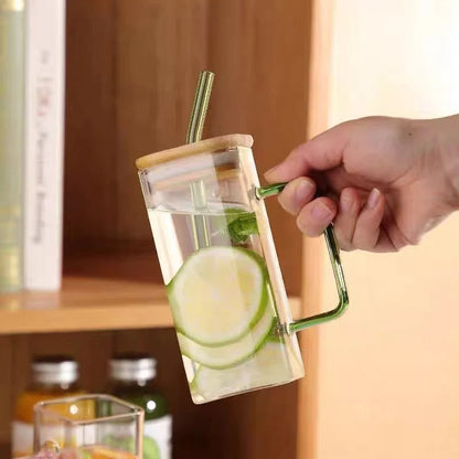Glass Mug Square Design With Straw 13.5 Fl Oz