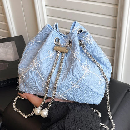 Handbag Satin Drawstring Pearl & Chain Accents