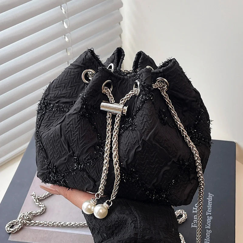 Handbag Satin Drawstring Pearl & Chain Accents