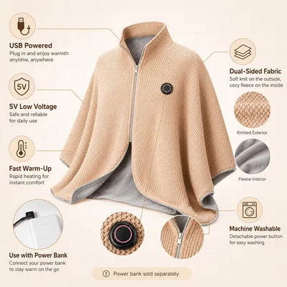 Heated Blanket Shawl USB-Powered Oversized Fit Back & Shoulder Warmth
