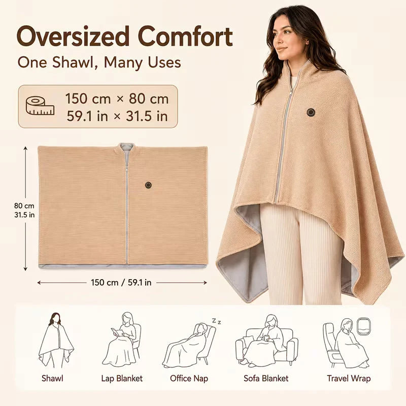 Heated Blanket Shawl USB-Powered Oversized Fit Back & Shoulder Warmth