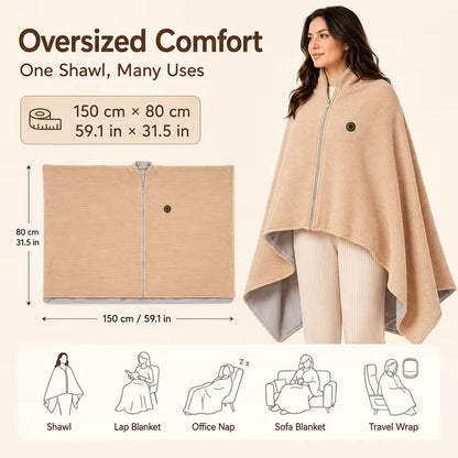 Heated Blanket Shawl USB-Powered Oversized Fit Back & Shoulder Warmth