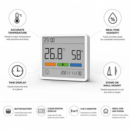 Hygrometer Clock Digital Temperature & Humidity Wall-Mount Stand