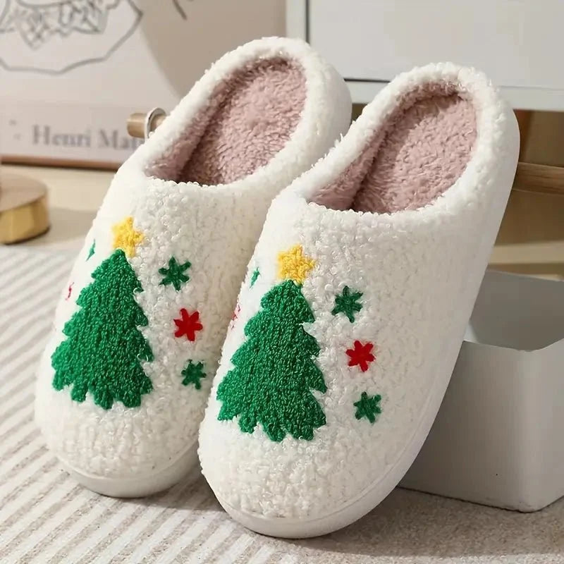 Indoor Slippers Plush-Lined Slip-Resistant Festive Print
