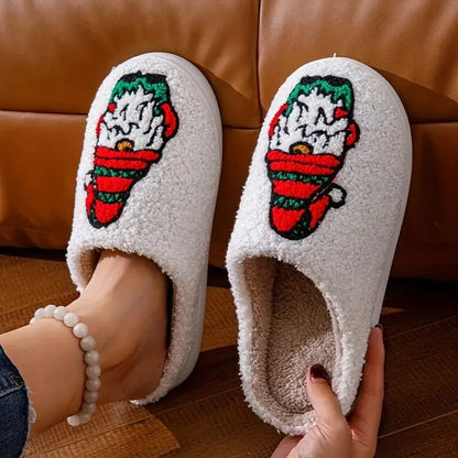Indoor Slippers Plush-Lined Slip-Resistant Festive Print