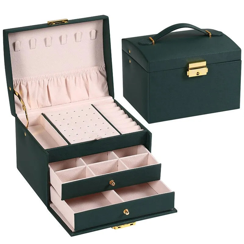 Jewelry Box Three-Layer Velvet-Lined Leather