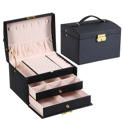 Jewelry Box Three-Layer Velvet-Lined Leather