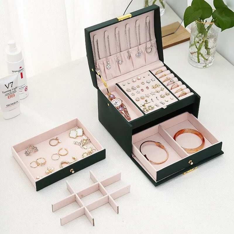 Jewelry Box Three-Layer Velvet-Lined Leather