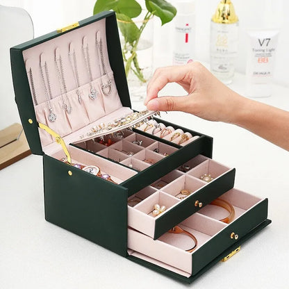 Jewelry Box Three-Layer Velvet-Lined Leather
