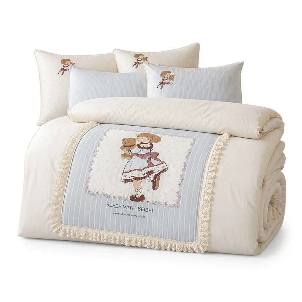 Kids Bedding Set Quilted Bear Motif Lace Ruffle 4-Piece
