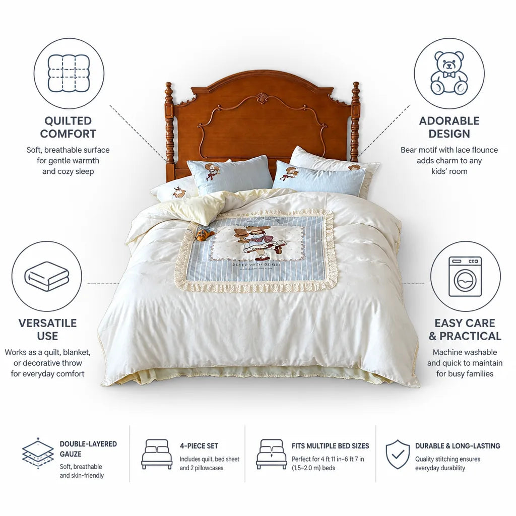 Kids Bedding Set Quilted Bear Motif Lace Ruffle 4-Piece
