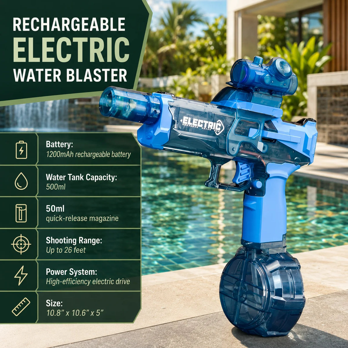 Kids Water Blaster Motorized Continuous Stream Rechargeable