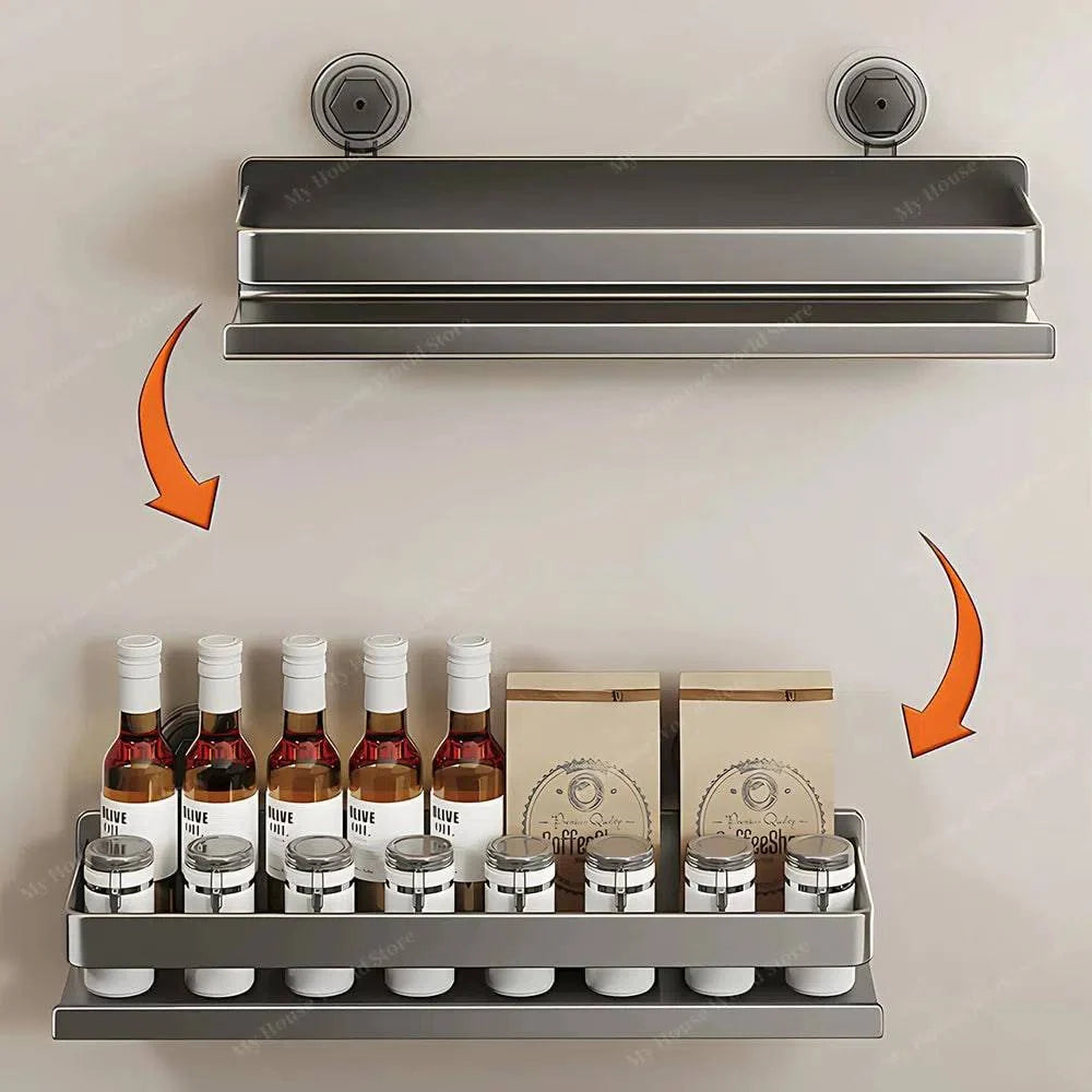 Kitchen Wall Shelf Stainless Steel Suction Mount Drill-Free Installation
