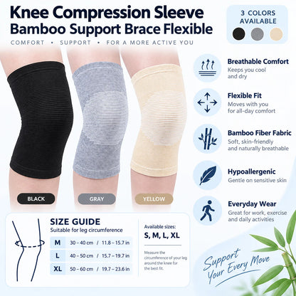 Knee Compression Sleeve Bamboo Fabric Breathable Moisture-Wicking Flexible Support