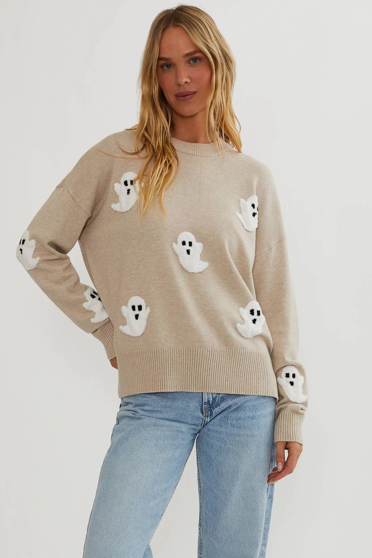 Knit Sweater Textured Ghost Appliqués Lightweight Relaxed Fit