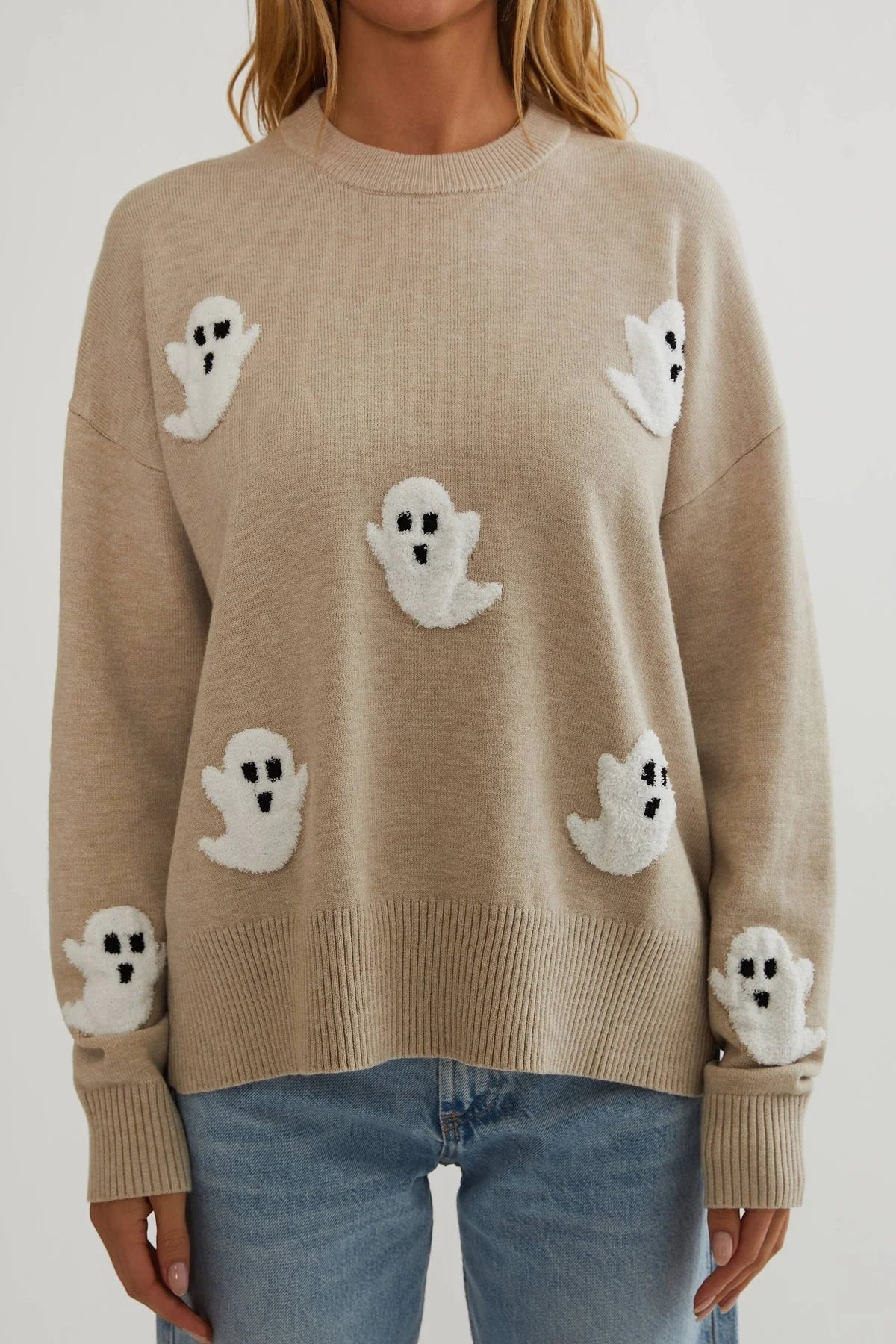 Knit Sweater Textured Ghost Appliqués Lightweight Relaxed Fit